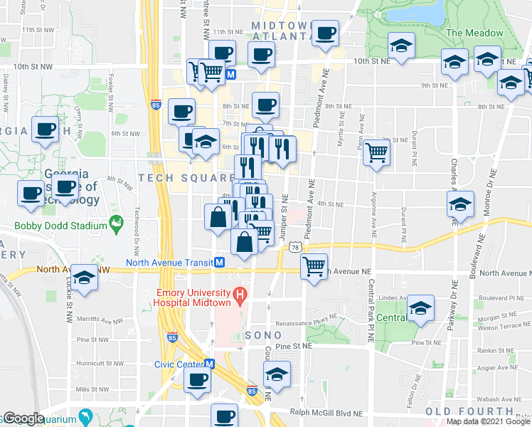 map of restaurants, bars, coffee shops, grocery stores, and more near 715 Peachtree Street Northeast in Atlanta