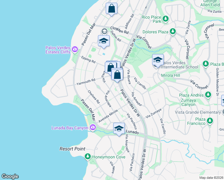 map of restaurants, bars, coffee shops, grocery stores, and more near 2300 Vía Pacheco in Palos Verdes Estates