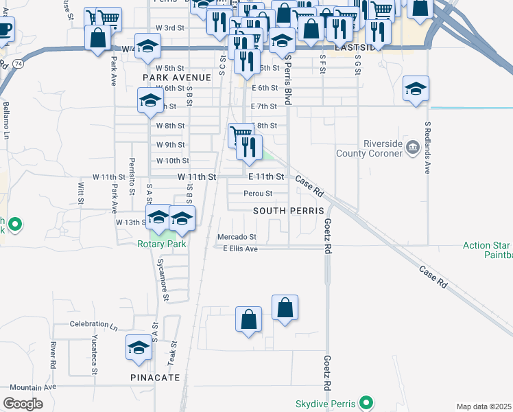 map of restaurants, bars, coffee shops, grocery stores, and more near 136 Midway Street in Perris