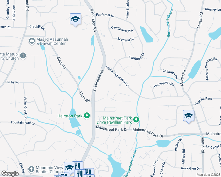 map of restaurants, bars, coffee shops, grocery stores, and more near 750 Hairston Terrace in Stone Mountain