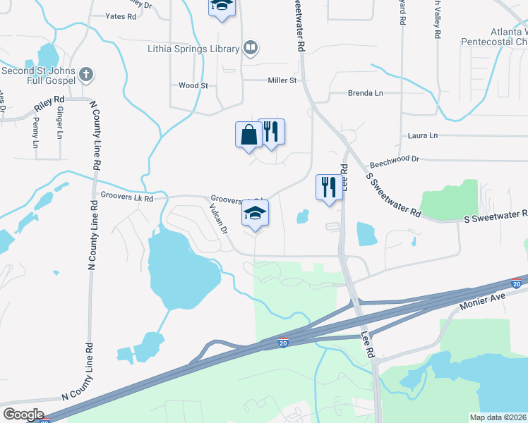 map of restaurants, bars, coffee shops, grocery stores, and more near 3558 Groovers Lake Road in Lithia Springs