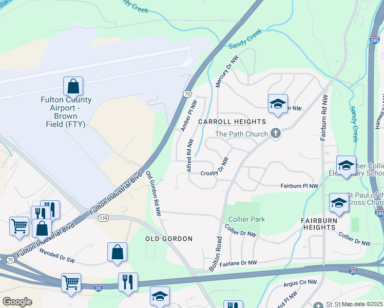 map of restaurants, bars, coffee shops, grocery stores, and more near 711 Alfred Road Northwest in Atlanta