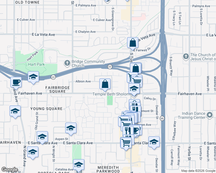 map of restaurants, bars, coffee shops, grocery stores, and more near 2717 Dayna Street in Orange