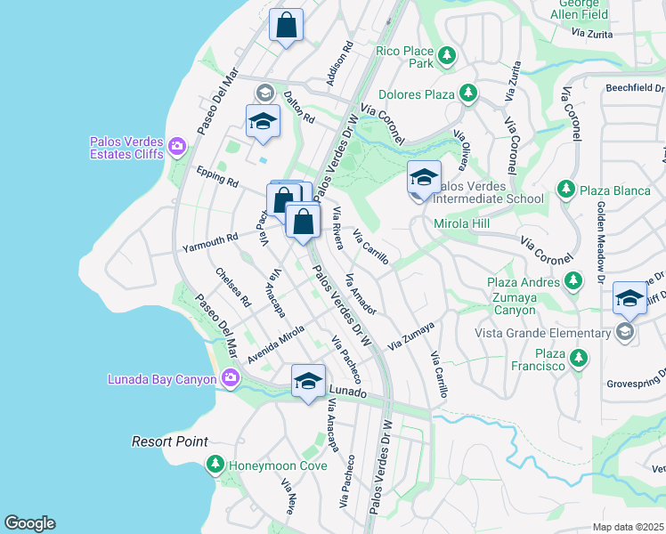 map of restaurants, bars, coffee shops, grocery stores, and more near 2400 Palos Verdes Drive West in Palos Verdes Estates
