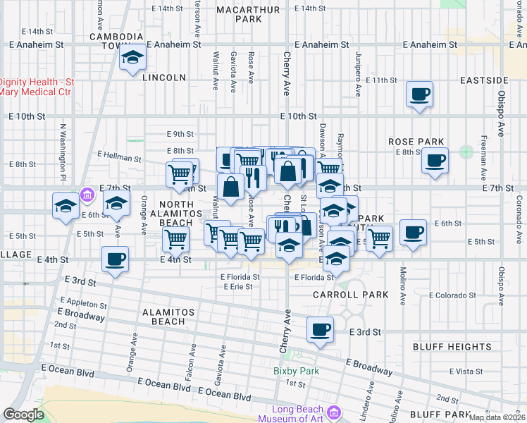 map of restaurants, bars, coffee shops, grocery stores, and more near 1918 East 6th Street in Long Beach