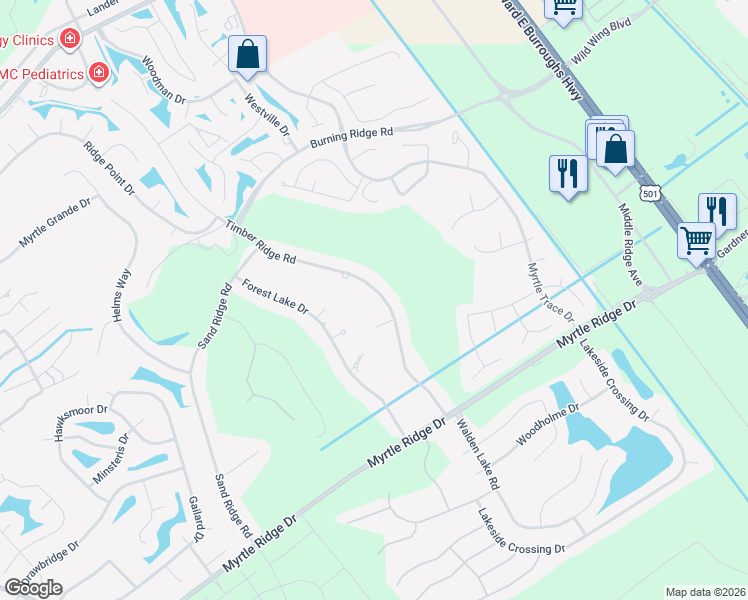 map of restaurants, bars, coffee shops, grocery stores, and more near 8228 Timber Ridge Road in Conway