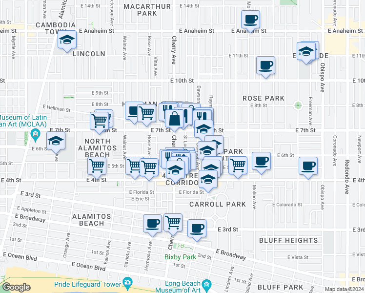 map of restaurants, bars, coffee shops, grocery stores, and more near 539 Saint Louis Avenue in Long Beach