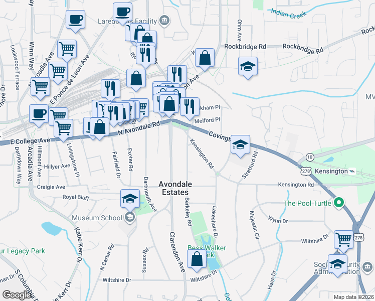map of restaurants, bars, coffee shops, grocery stores, and more near 12 Berkeley Road in Avondale Estates