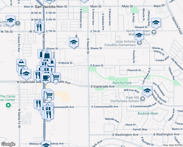 map of restaurants, bars, coffee shops, grocery stores, and more near 719 Carnation Lane in San Jacinto
