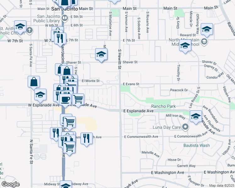 map of restaurants, bars, coffee shops, grocery stores, and more near 1371 Senator Way in San Jacinto