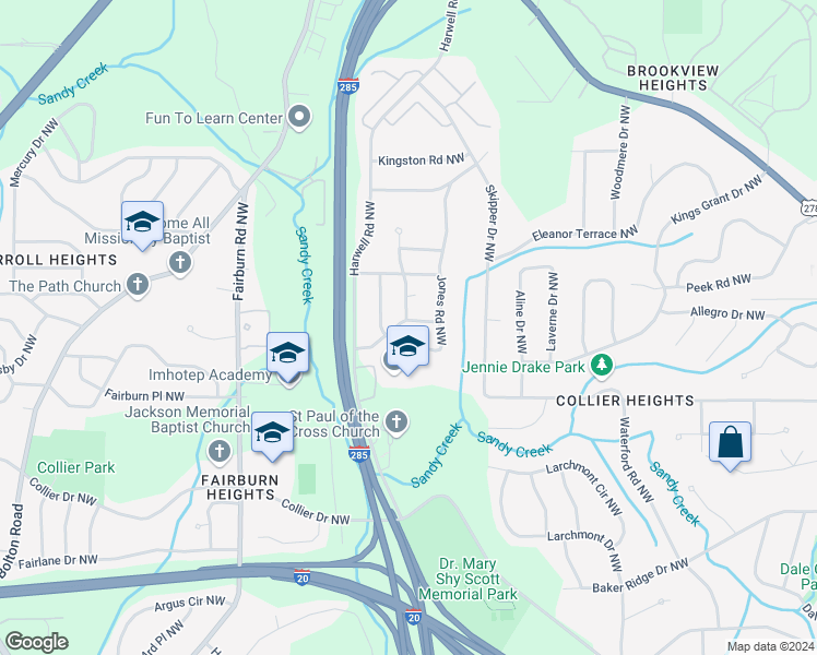 map of restaurants, bars, coffee shops, grocery stores, and more near 3238 Amhurst Drive Northwest in Atlanta