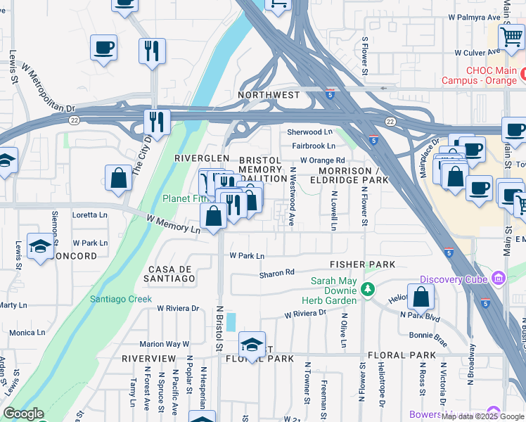 map of restaurants, bars, coffee shops, grocery stores, and more near 1147 West Memory Lane in Santa Ana