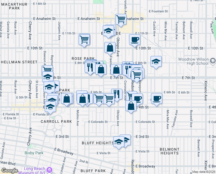 map of restaurants, bars, coffee shops, grocery stores, and more near 3026 East Theresa Street in Long Beach