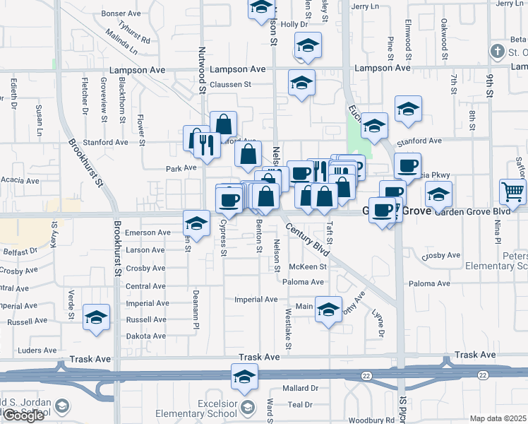 map of restaurants, bars, coffee shops, grocery stores, and more near 10371 Garden Grove Boulevard in Garden Grove