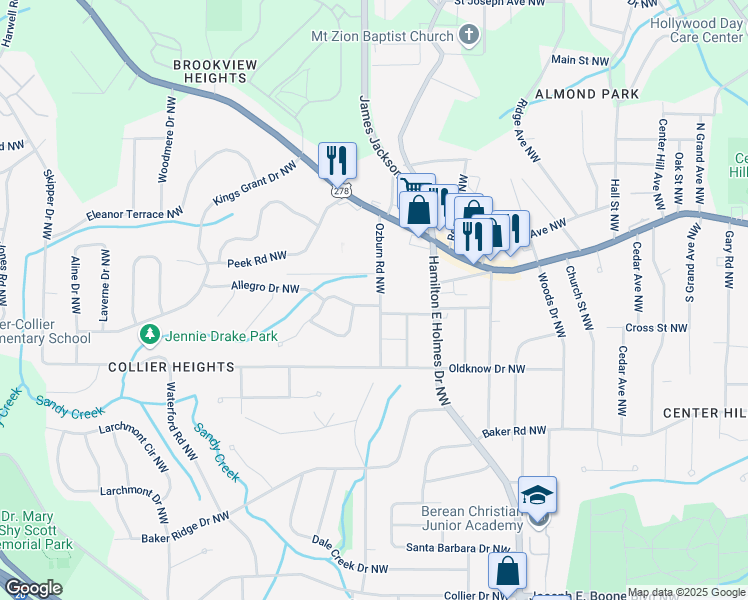 map of restaurants, bars, coffee shops, grocery stores, and more near 2707 Crescendo Drive Northwest in Atlanta