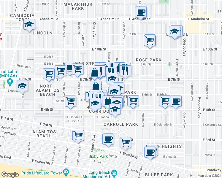 map of restaurants, bars, coffee shops, grocery stores, and more near 2209 East 6th Street in Long Beach