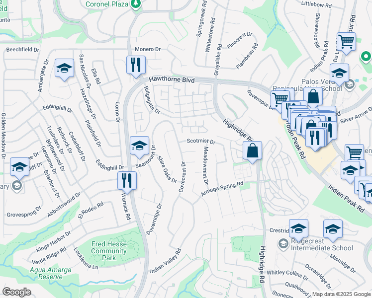 map of restaurants, bars, coffee shops, grocery stores, and more near 6231 Lochvale Drive in Rancho Palos Verdes