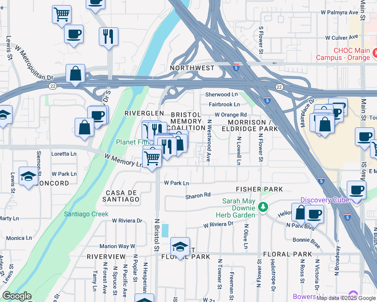 map of restaurants, bars, coffee shops, grocery stores, and more near 1147 West Memory Lane in Santa Ana