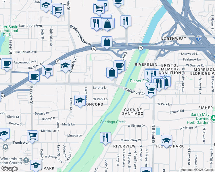 map of restaurants, bars, coffee shops, grocery stores, and more near in Santa Ana