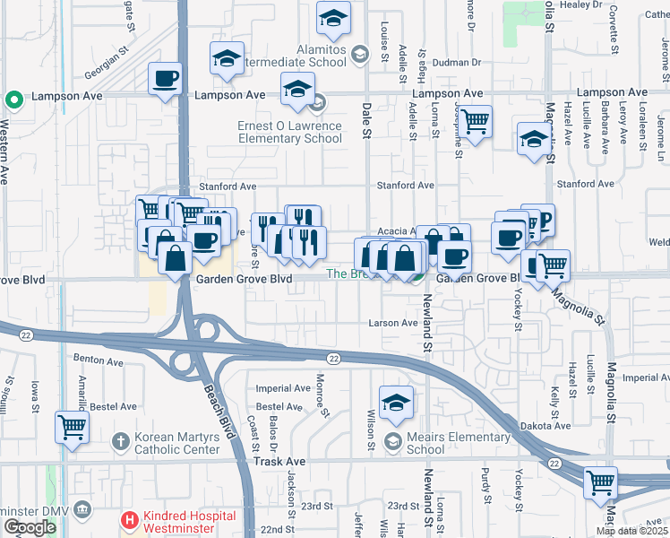 map of restaurants, bars, coffee shops, grocery stores, and more near 8391 Garden Grove Boulevard in Garden Grove