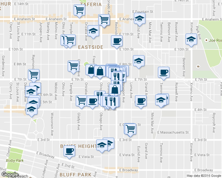map of restaurants, bars, coffee shops, grocery stores, and more near 620 Coronado Avenue in Long Beach
