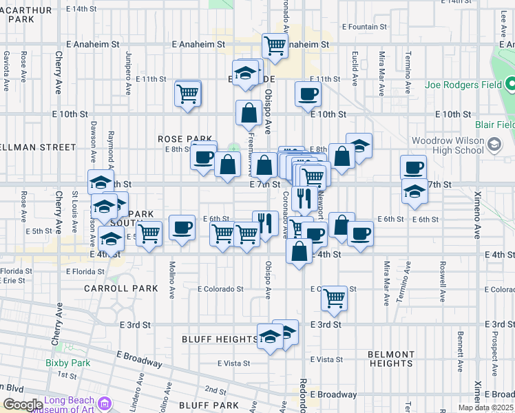 map of restaurants, bars, coffee shops, grocery stores, and more near 619 Obispo Avenue in Long Beach