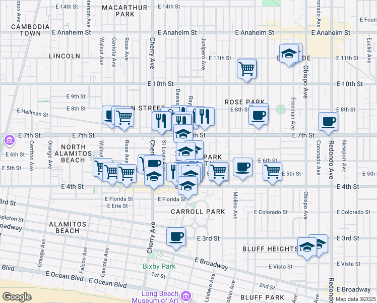 map of restaurants, bars, coffee shops, grocery stores, and more near 2261 East 6th Street in Long Beach