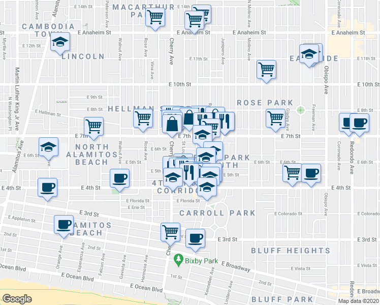 map of restaurants, bars, coffee shops, grocery stores, and more near 600 Dawson Avenue in Long Beach