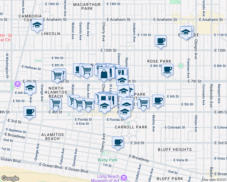 map of restaurants, bars, coffee shops, grocery stores, and more near 535 Saint Louis Avenue in Long Beach