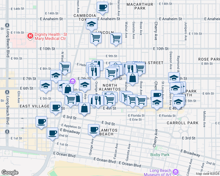 map of restaurants, bars, coffee shops, grocery stores, and more near 524 Almond Avenue in Long Beach
