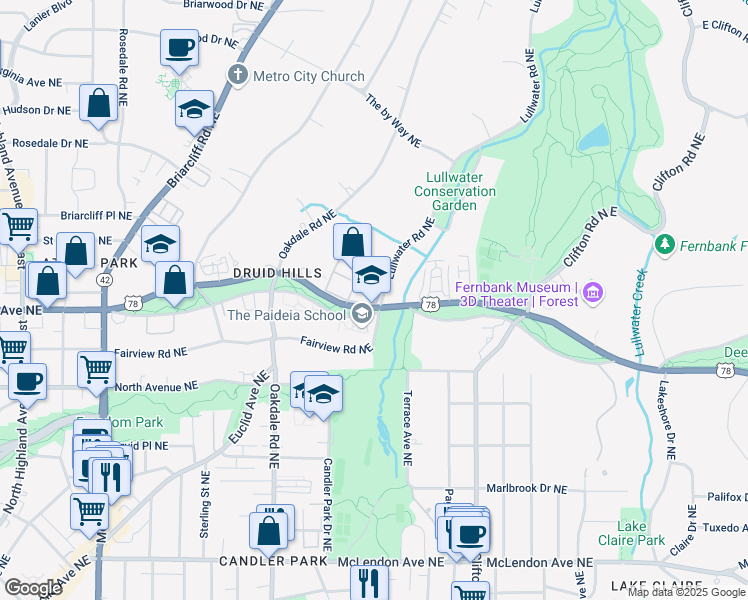 map of restaurants, bars, coffee shops, grocery stores, and more near 19 Lullwater Place Northeast in Atlanta