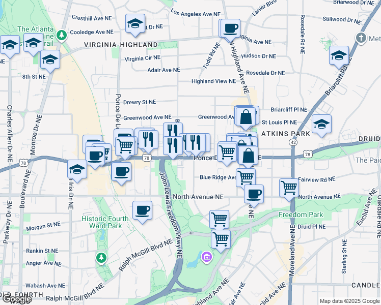 map of restaurants, bars, coffee shops, grocery stores, and more near 928 Ponce De Leon Avenue Northeast in Atlanta