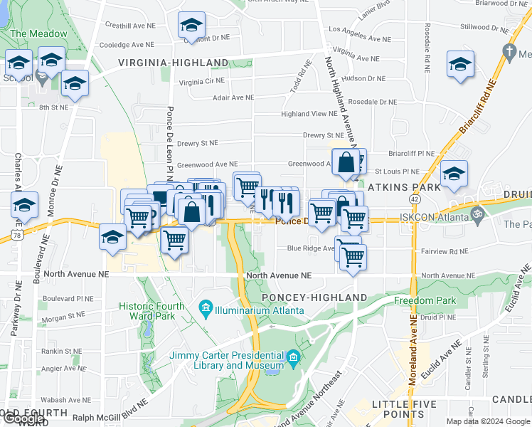 map of restaurants, bars, coffee shops, grocery stores, and more near in Atlanta