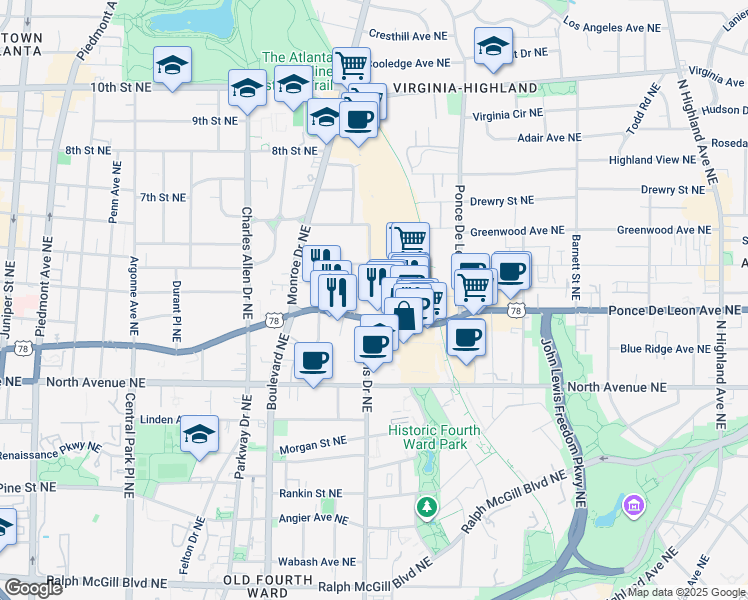 map of restaurants, bars, coffee shops, grocery stores, and more near 710 Lakeview Avenue Northeast in Atlanta