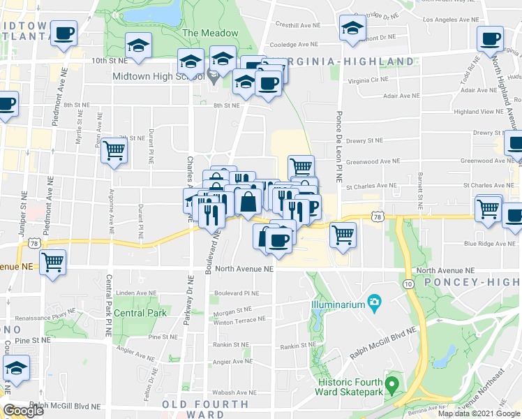 map of restaurants, bars, coffee shops, grocery stores, and more near 548 Ponce De Leon Avenue Northeast in Atlanta