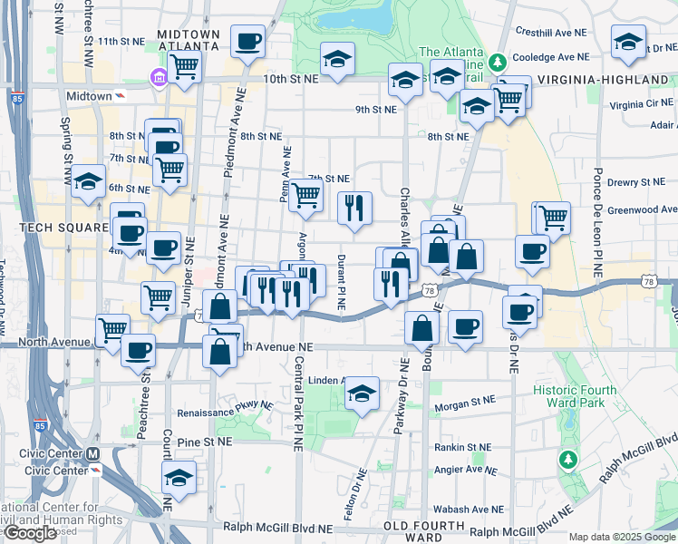 map of restaurants, bars, coffee shops, grocery stores, and more near 331 4th Street Northeast in Atlanta