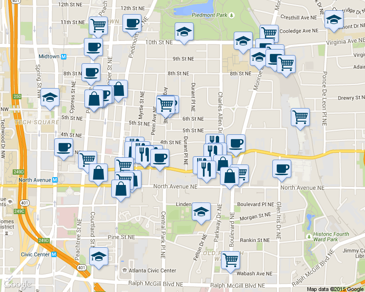 map of restaurants, bars, coffee shops, grocery stores, and more near 331 4th Street Northeast in Atlanta