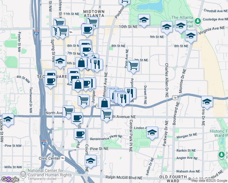 map of restaurants, bars, coffee shops, grocery stores, and more near 711 Piedmont Avenue Northeast in Atlanta