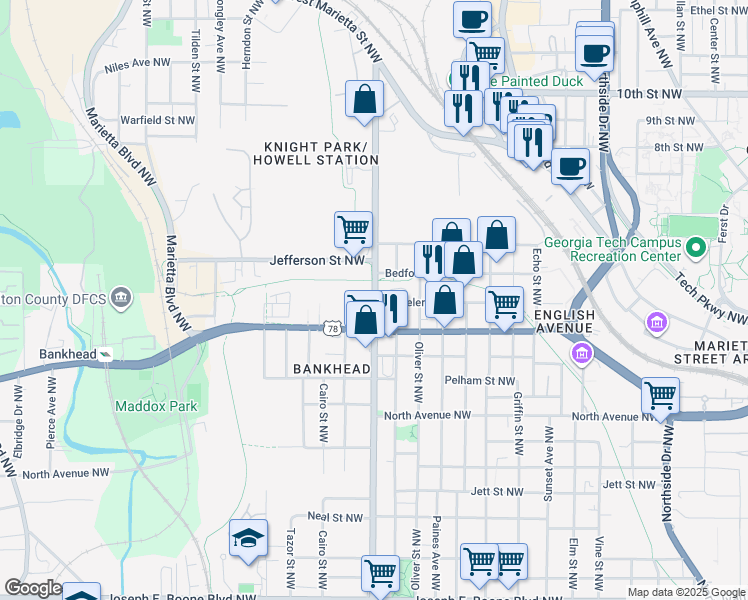 map of restaurants, bars, coffee shops, grocery stores, and more near 705 Joseph E. Lowery Boulevard Northwest in Atlanta