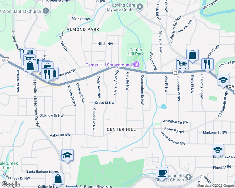 map of restaurants, bars, coffee shops, grocery stores, and more near 705 South Grand Avenue Northwest in Atlanta