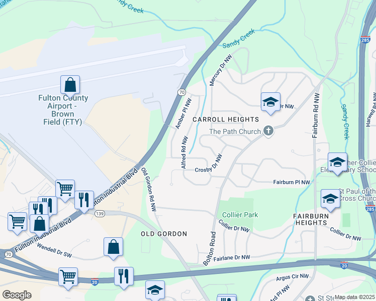 map of restaurants, bars, coffee shops, grocery stores, and more near 711 Alfred Road Northwest in Atlanta