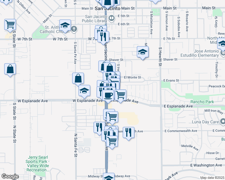 map of restaurants, bars, coffee shops, grocery stores, and more near 1445 S San Jacinto Ave in San Jacinto