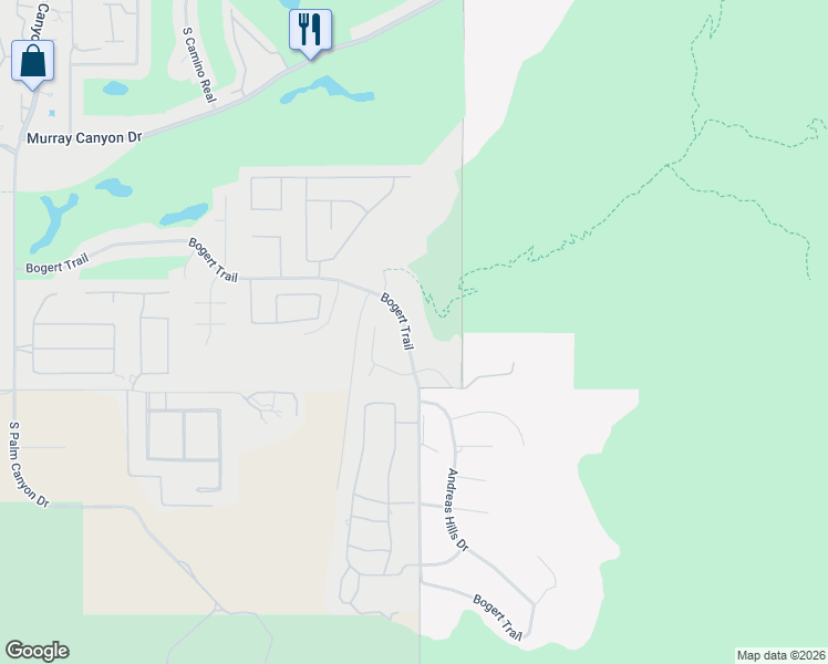 map of restaurants, bars, coffee shops, grocery stores, and more near 3192 Bogert Trail in Palm Springs
