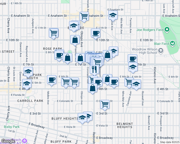 map of restaurants, bars, coffee shops, grocery stores, and more near 632 Coronado Avenue in Long Beach
