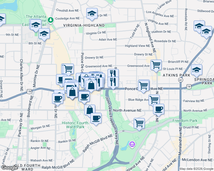 map of restaurants, bars, coffee shops, grocery stores, and more near in Atlanta