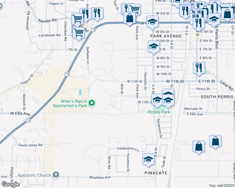 map of restaurants, bars, coffee shops, grocery stores, and more near 1194 Witt St in Perris