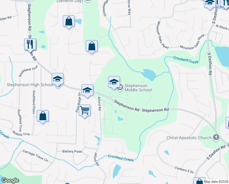 map of restaurants, bars, coffee shops, grocery stores, and more near 922 Stephenson Road in Stone Mountain