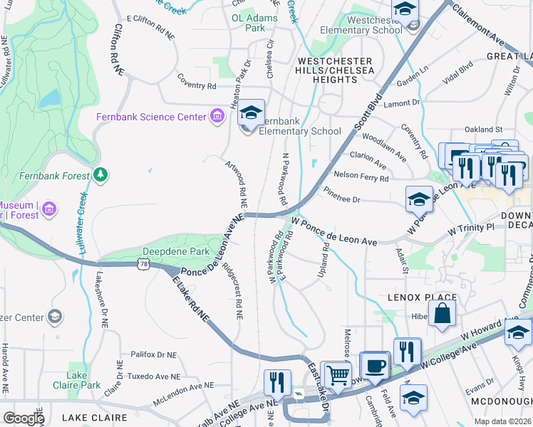 map of restaurants, bars, coffee shops, grocery stores, and more near 2174 West Ponce de Leon Avenue in Decatur