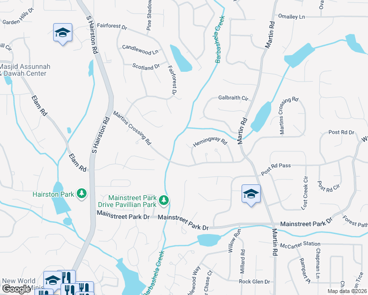map of restaurants, bars, coffee shops, grocery stores, and more near 831 Hemingway Court in Stone Mountain