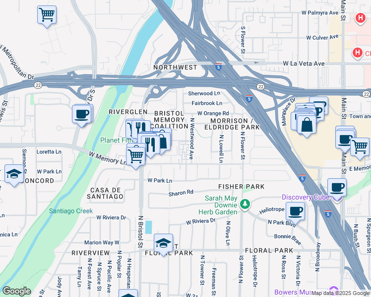 map of restaurants, bars, coffee shops, grocery stores, and more near 1107 West Memory Lane in Santa Ana